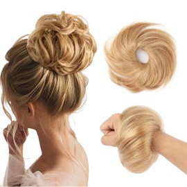 FGZJMAE Messy Bun Hair Piece 100% Real Human Hair Ash Blonde Wavy Tousled Stretchy Fluffy Donut Updo Human Hair Messy Bun Chignons Scrunchies(1 Count #18 Ash Blonde