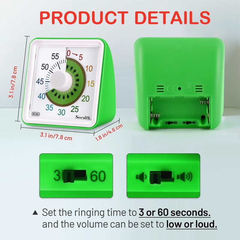 Secura 60-Minute Visual Countdown Timer for Kids & Adults, Classroom