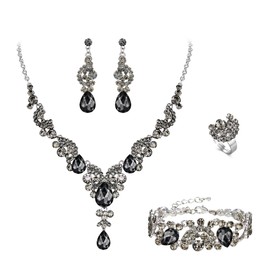 EVER FAITH Rhinestone Crystal Wedding Flowers Wave Teardrop Necklace Earrings Set, Crystal