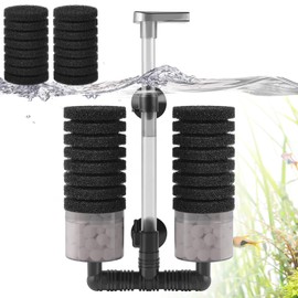 VILLNO Air Powered Aquarium Sponge Filter with Biochemical Sponge and Ceramic Balls, Quiet Submersible Fish Tank Filter for 20-60Gallon Fresh Water and Saltwater