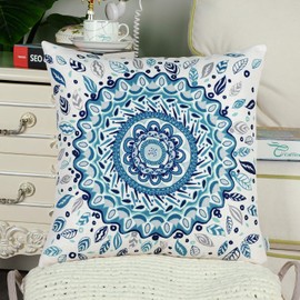 CaliTime Canvas Throw Pillow Cover Case for Couch Sofa Home Decor Floral Compass Leaves Medallion 18 X 18 Inches Sea Blue