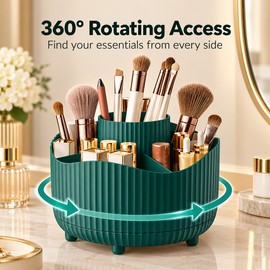 360° Rotating Makeup Organizer for Vanity – Green 5-Compartment Cosmetic Brush Holder for Easy Bathroom & Desktop Storage