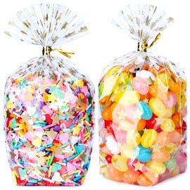 Voikinfo Bottom Gusset Bags 100Pcs 4X6 Gold Star Clear Cellophane Bags Plastic Gift Bags Cello Bags Treat Bags Bulk Party Favor Goodie Cookie with Gold Twist Tie