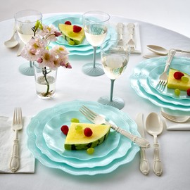 SILVER SPOONS Vintage Embossed Plastic Dessert Plates for Party - 10 PC - Heavy Duty Disposable Dinner Set - 6” - Fine China Look Dishes - Perfect for Baby Showers, Weddings and Events - Mint