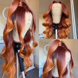 BLG Ombre Red Orange Ginger Human Hair Wig HD Lace Front Wigs Human Hair Pre Plucked 150% Density Human Hair Wigs for Black Women (14 Inch,Ombre Red Orange)