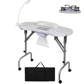 Towallmark Updated Manicure Nail Table on Wheels with Built-in Dust Collector, Portable LED Table Lamp, Carry Bag for Home Spa Beauty Salon Workstation, Adjustable Height, White