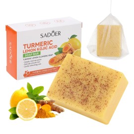 SADOER Turmeric Lemon Kojic Acid Soap Bar Cleansing Dark Spot Removal for Face and Body