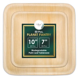 Planet Pantry Disposable Palm leaf Party Pack 10" (25 pcs) & 7" Square Plate (25 pcs) Bamboo Like Style - Paper and Plastic Alternative