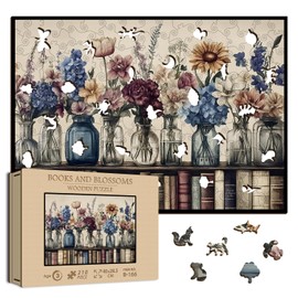 Wildflowers Wooden Puzzles for Adults, PICKFORU Retro Christian Jesus Book Wood Jigsaw Puzzle, Vintage Bookshelf Unique Shapes Puzzles as Art Decor