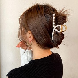 2 Pcs Metal Large Hair Claws for Women - Matte Gold with Pearls, Non-Slip Thick Hair Clips, Threaded Shining Strong Crab Barrettes for Long Hair