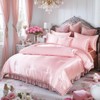 Bedorm Pink Satin Comforter Sets with Sheets White Pom Pom