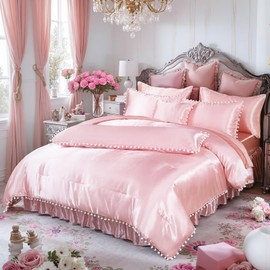 Bedorm Pink Satin Comforter Sets with Sheets White Pom Pom Bedding Set 10 Pcs Super Soft Smooth Silk Like Silky Comforter Queen Bed in A Bag with Comforter & Sheet Set & Pillowcase & Bed Skirt