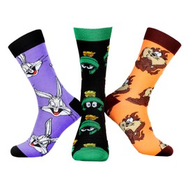 Seven Times Six WB Looney Tunes Character Men's Bugs Bunny Taz Marvin The Martian 3 Pair Casual Crew Socks Mid Calf