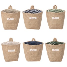 Storage Baskets Small 6 Pieces Cotton Linen Foldable Small Baskets with Hanger Storage Bags for Toys Makeup Keys Small Items
