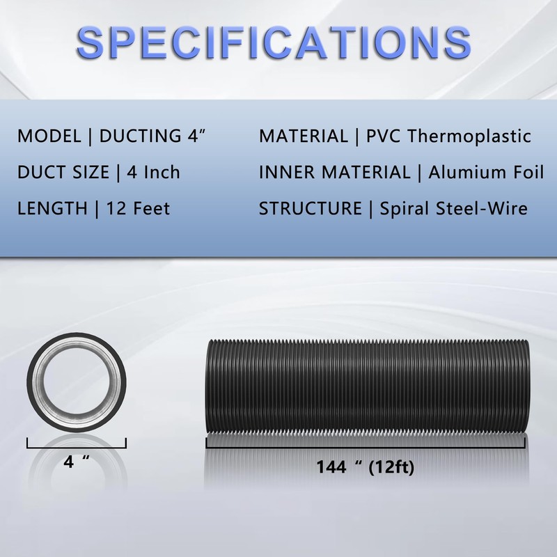 4 Inch Flexible Ducting Hose 12 Feet Black Aluminum Ducting