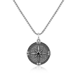 GAVU Stainless Steel Necklace for Men with Mini Compass Pendant, Cubic Zirconia, Cubic Zirconia