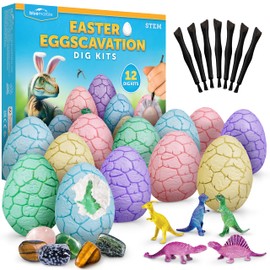 Blue Marble Easter Eggscavation Dig Kit - 12 Easter Egg Dig Bricks with Real Gemstones & Glow in The Dark Dinosaur Figures, Includes Dig Tools, Egg Hunt or Dig Party Activity, Easter Basket Stuffers