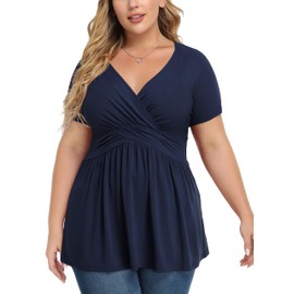 TIANZHU Plus Size Tunic Tops for Women Lightweight V-Neck Short Sleeve Baby Doll Tops with Empire Waist Casual Work Blouse, Navy Blue, Size 20-22