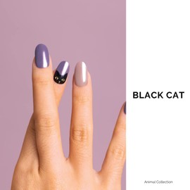 NAILOG Semi-Hardened Gel Nail Stickers (34 Pieces), Long Lasting, Salon Quality, Nail Stickers, Nail Kit, Color, Gloss, 3D, Cute Animals, Cat | Black Cat