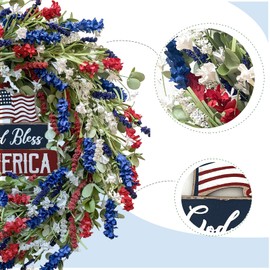 Bibelot 4th of July Independence Day Red White Blue Flower Wreath, 20’’Artificial Flower Wreath with God Bless America Sign Decoration for Front Door, Memorial Day Wreath for Wall Window Party Decor