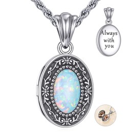 ONEFINITY Opal Locket Necklace Sterling Silver Vintage Filigree Oval Opal Photo Locket Pendant Necklace Holds Pictures Jewellery Gifts for Mom Daughter Wife