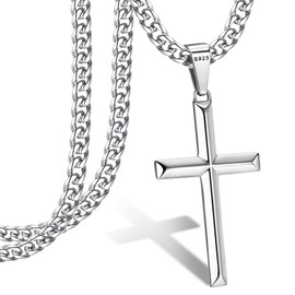 Kakonia 925 Sterling Silver Cross Necklace for Men Women with Stainless Steel Diamond-Cut Figaro Chain Necklace Delicate Highly Polished Beveled Edge Cross Pendant Necklace for Men Women 18-30 Inches