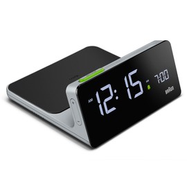 Braun Digital Alarm Clock with VA LCD Display, 10W Qi Wireless Fast Charging Pad, Automatic Backlight Adjustment, Quick Set, Beep Alarm, Grey Model BC21GEU