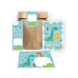 12 Invitation Cards for 4th Children's Birthday Fourth Birthday Boys Dinosaur with 12 Envelopes, 12 Bags, Natural, 12 Stickers