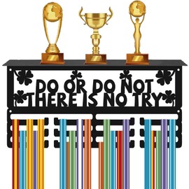 CREATCABIN Sports Medal Hanger Inspirational Medal Holder Shamrock Clover Design Black Iron Awards Trophy Shelf Display with 12 Hooks Hanging Rack for Wall Mount Running-Do Or Do Not, There is No Try