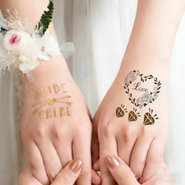 MKHTOQE Gold Bachelorette Tattoos Bride Tribe Hen Party Supplies, 4 Iridescent Fake Tattoos + 4 Gold Bride Temporary Tattoos for Women Wedding Accessories（8 sheets）