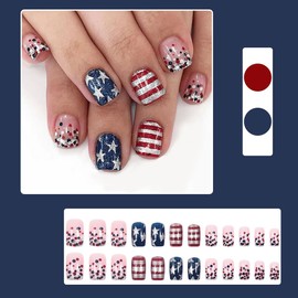 24Pcs Independence Day Fake Nails, July 4th Press on Nail Short Squares with Star Design, Glossy Acrylic Nails Set for Women Holiday Red Blue full cover Manicure Supplies