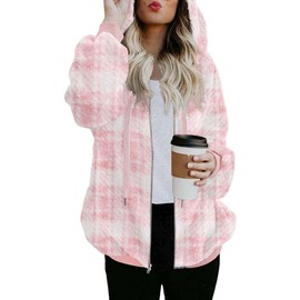 ReachMe Womens Christmas Gifts Oversized Fuzzy Fleece Teddy Jacket Warm Sherpa Hoodies Winter Coats with Pockets (0 Plaid Dusty Pink,L)