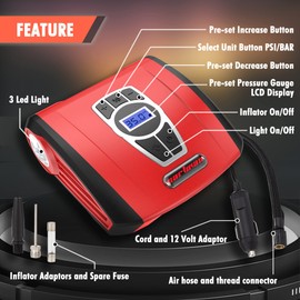 CARTMAN CARTMAN Tire Inflator Portable Air Compressor, Auto Air Pump for Car/Bike with Digital Pressure Gauge & LED Light, Red