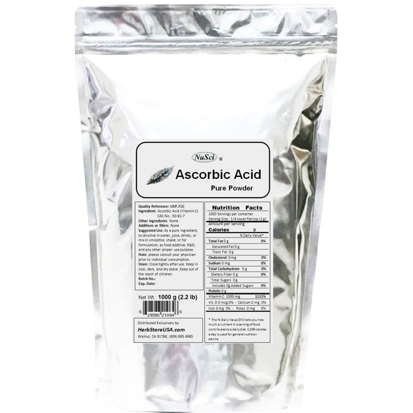 NuSci 100% Pure Vitamin C Ascorbic Acid Powder VC (1000 Grams (2.2 lb)) GMO Free Non-Irradiated