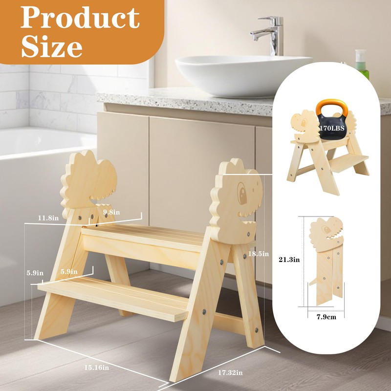 TinyHaven Wooden Toddler Step Stool, 2-Step Foldable Stool for Kids