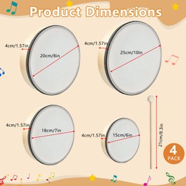 Akamino 4 Pack 4 Sizes Wooden Hand Drum Set,Wood Frame Drums with Drum Sticks,6/7/8/10 Inch Musical Instrument Percussion Drum for Rhythm Learning,Music Enlightenment