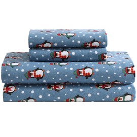Beatrice Home Fashions 4-Piece Winter Holiday Flannel Sheet Set, Soft, Cozy, 100% Cotton, 15-inch Deep Pockets, King, Penguins