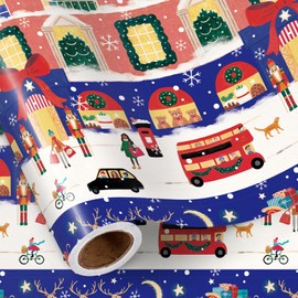 RUSPEPA Christmas Wrapping Paper Roll, Mini Roll, Festive British Street Scene with Red Bus, Reindeer Sleigh and Holiday Shops Design Gift Wrap for Family, Xmas, Holiday Party, 17 Inches x 16.4 Feet