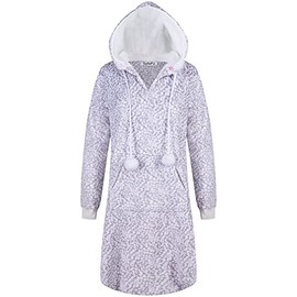 SofiePJ Women's Long Sleeve Fleece Printed Pull Over Hooded Sleepshirt with Pom poms Gray Leopard S