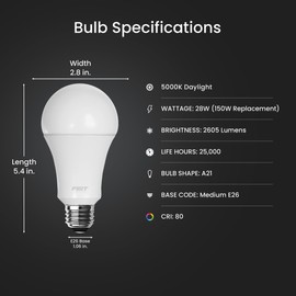 Feit Electric A21 LED Light Bulb, 150W Equivalent, Dimmable, 2605 Lumens, E26 Standard Base, 5000K Daylight, 80 CRI, High Output LED Light Bulb, Damp Rated, 25,000-Hour Lifetime, OM150DM/850/LED