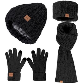 Women Beanie Scarf Gloves Headband Set for Winter, Chenille Beanie Hats Ear Warmer with Fleece Lined Long Knit Wrap Neck Scarf Touchscreen Gloves, Fashionable 4 In 1 Warm Gift Set for Cold Weather-09