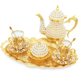 Luxurious Copper and Brass Elegant All in One Serving Set, Large Tea Pot, Decorated with Crystals and Pearls Resistant to High Temperatures (12 Pieces Serving Set)