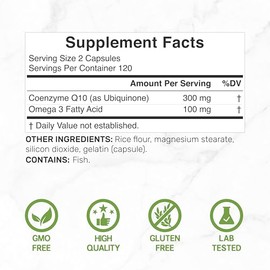 DEAL SUPPLEMENT CoQ10 300mg with Omega 3 100mg, 240 Capsules | Bioavailable Coenzyme Q10 Formula | Supports Heart, Energy & Brain Health | Antioxidant