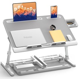Laptop Stand for Bed, Potuopy Leather Adjustable Bed Desk Table Tray, X-Large Folding Lap Desk with Drawer for Eating Writing Drawing Working on Couch Floor, Grey