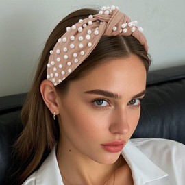 YISSION Pearl Knotted Headband for Women Non Slip Leather Beaded Headbands for women Wide Jeweled Embellished Hairband Khaki Headband Hair Accessories for Women Girls (White Pearl)