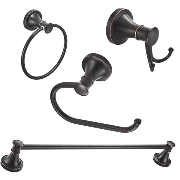 BESy Oil Rubbed Bronze 4 Piece Bathroom Accessories Set (Single Towel Bar, Towel Ring, Toilet Paper Holder, Double Towel Hooks), Wall Mounted Bath Hardware Accessory Fixtures Set