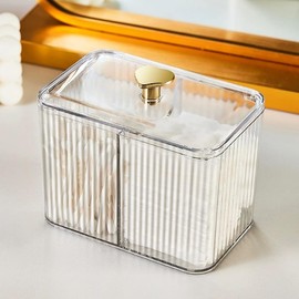 WIWIUXY Qtips Holder Bathroom Container,3-Section Cotton Ball/Swabs Dispenser,3 Grids Apothecary Jar Organizer, Cosmetics Storage for Vanity