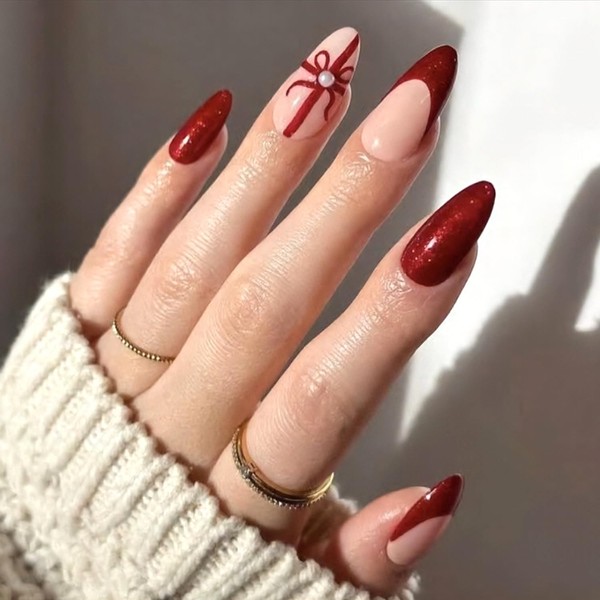 Vopintpy Christmas Bow Press on Nails Long Almond Fake Nails