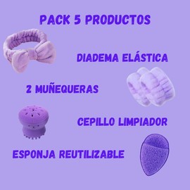 Elastic Headband for Makeup, Pink, Fuchsia and Lilac Design (Headband and Wristbands Lilac + Sponge + Facial Cleansing Brush, Large)