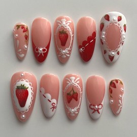 24Pcs Strawberry Press on Nails Medium Almond Handmade Fake Nails 3D Pearl Bow Nail Charms Design Nude False Nails Full Cover French Glue on Nails Summer Stick on Nails for Women DIY Manicure
